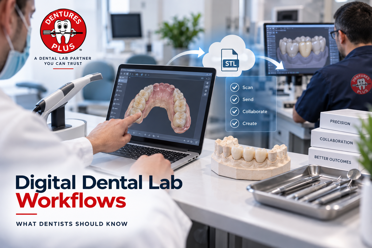 Dentist and technician using intraoral scanning and STL file workflow at Dentures Plus