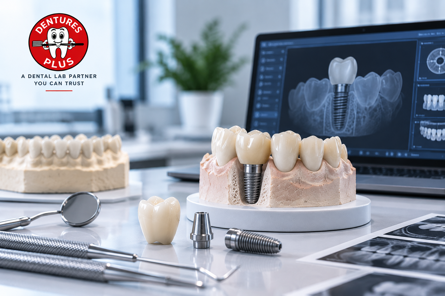 Implant restoration model and digital scan at Dentures Plus dental lab