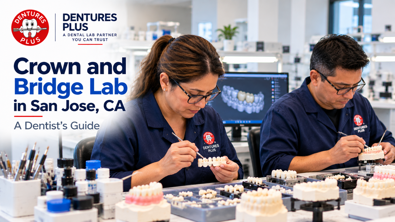 Dental technicians fabricating crowns and bridges at the Dentures Plus laboratory in San Jose, CA