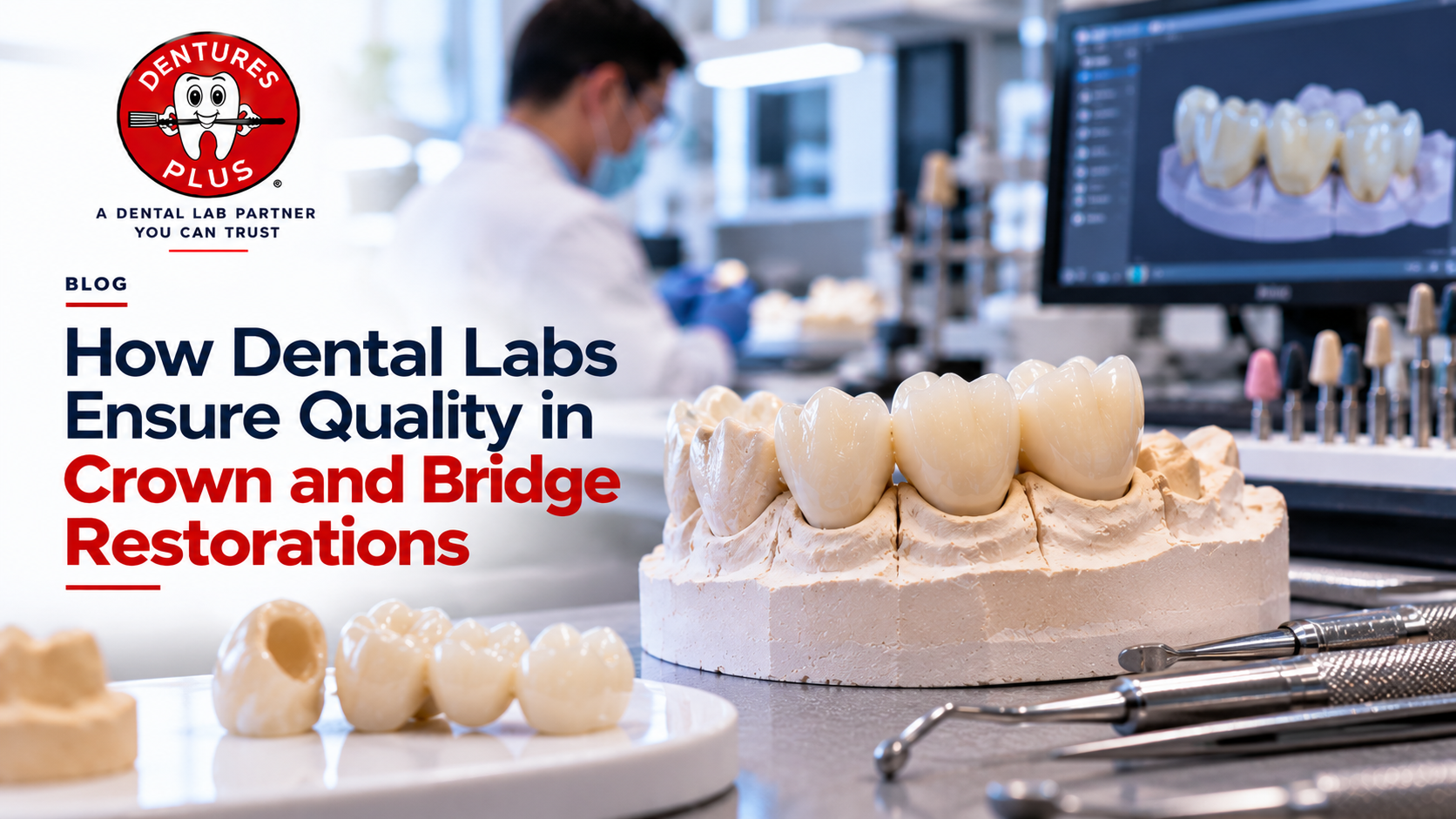 Dental technician reviewing crown and bridge restoration models and digital scan at Dentures Plus