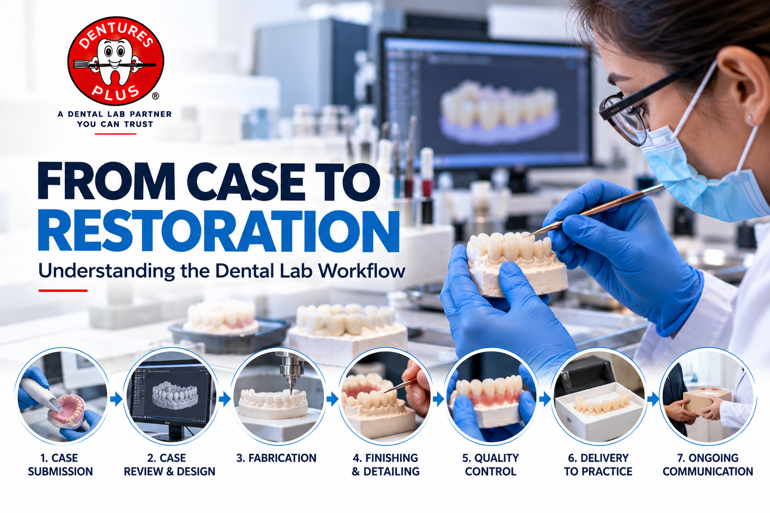 Dental lab workflow from case submission to final restoration at Dentures Plus
