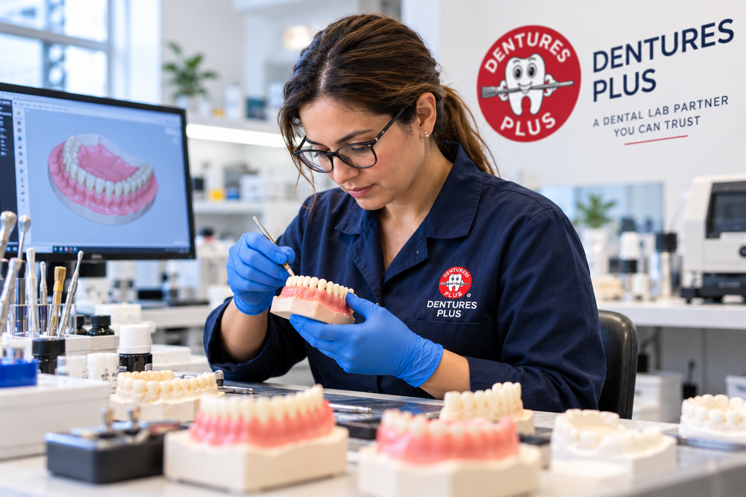 Dental technician crafting a denture at the Dentures Plus laboratory in San Jose, CA
