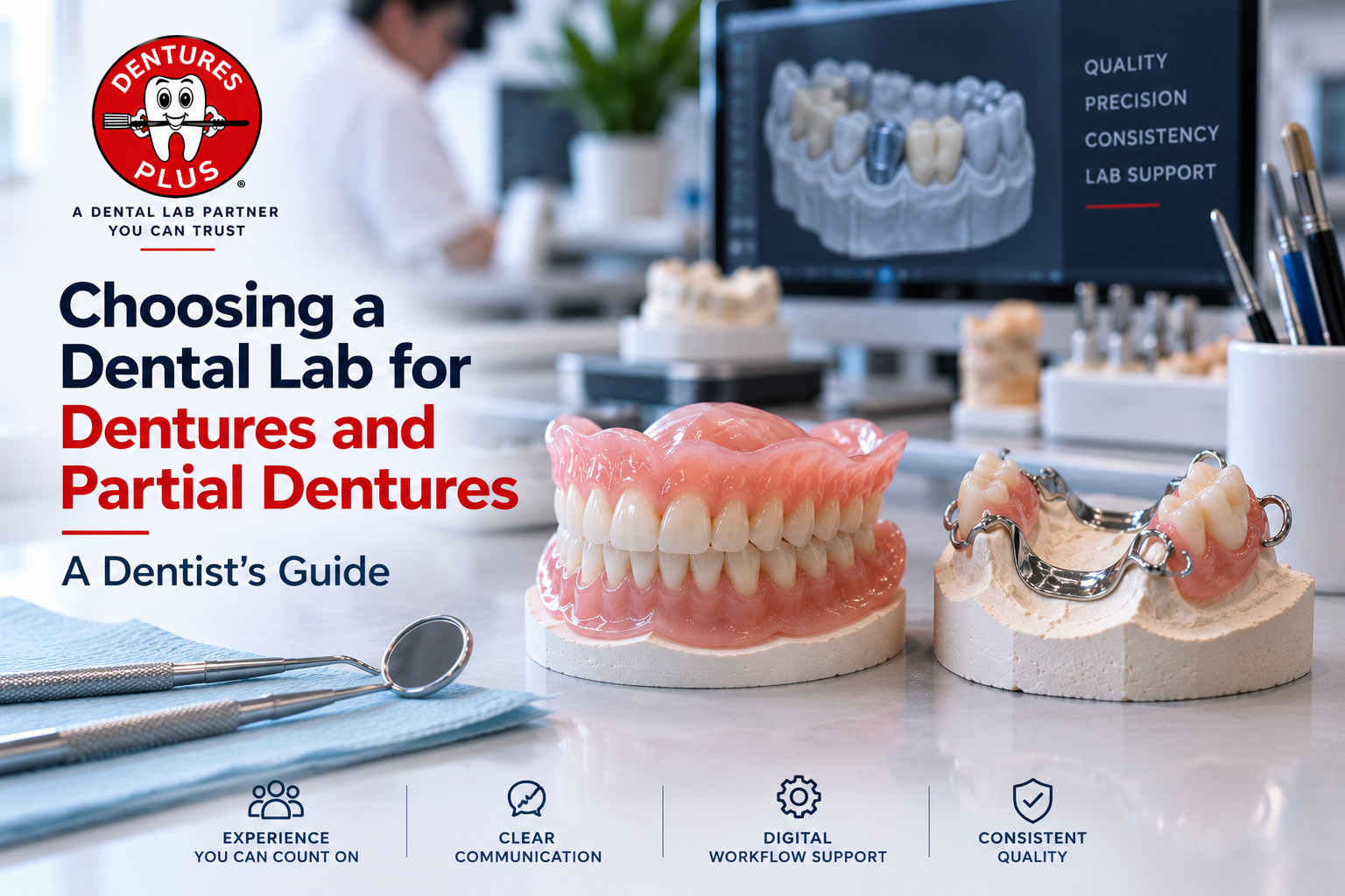Complete denture and partial denture models with digital scan displayed at Dentures Plus