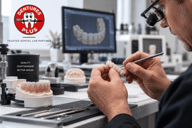 Dental lab technician crafting a restoration at Dentures Plus