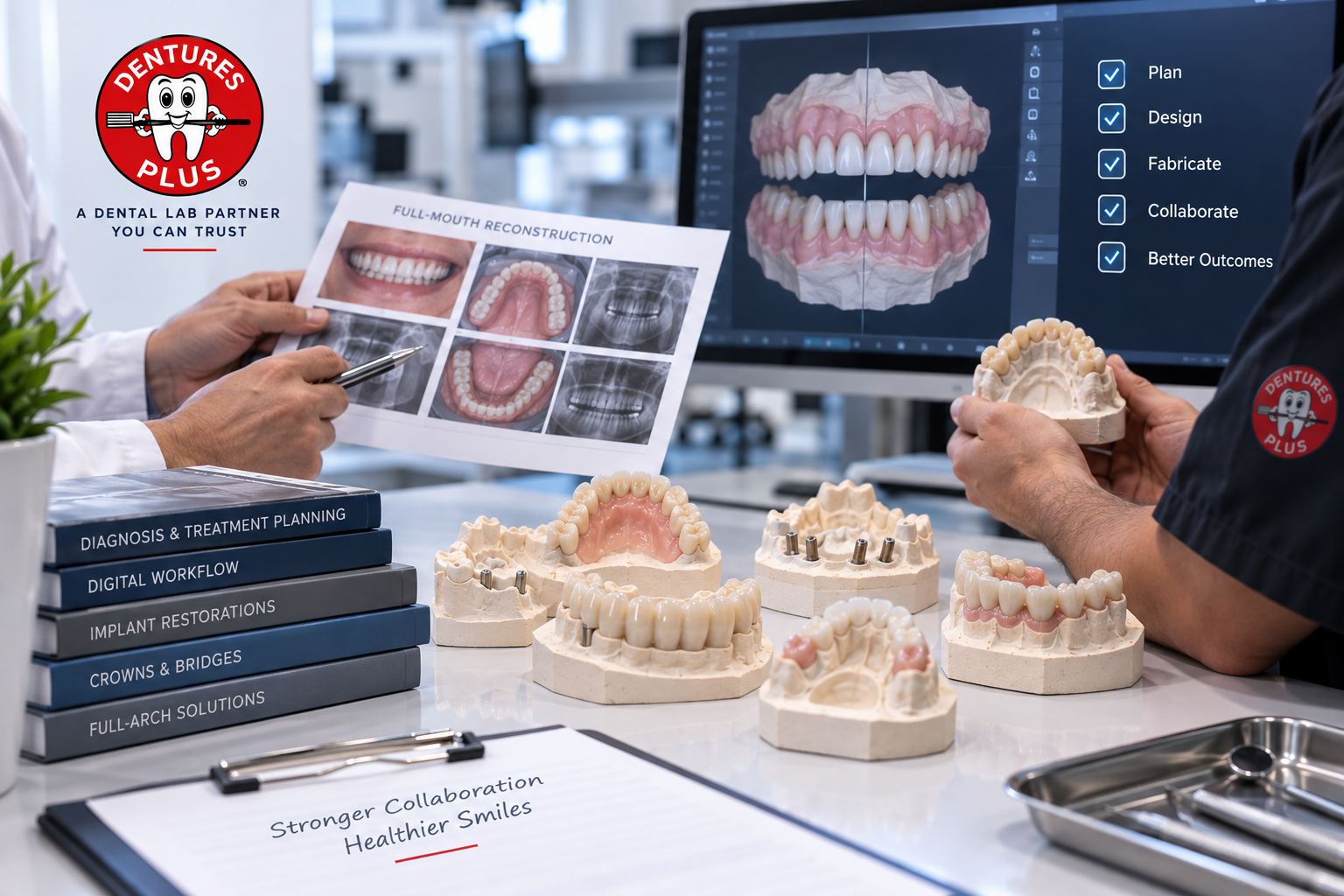 Dentist and technician reviewing full-mouth reconstruction case models and digital scans at Dentures Plus