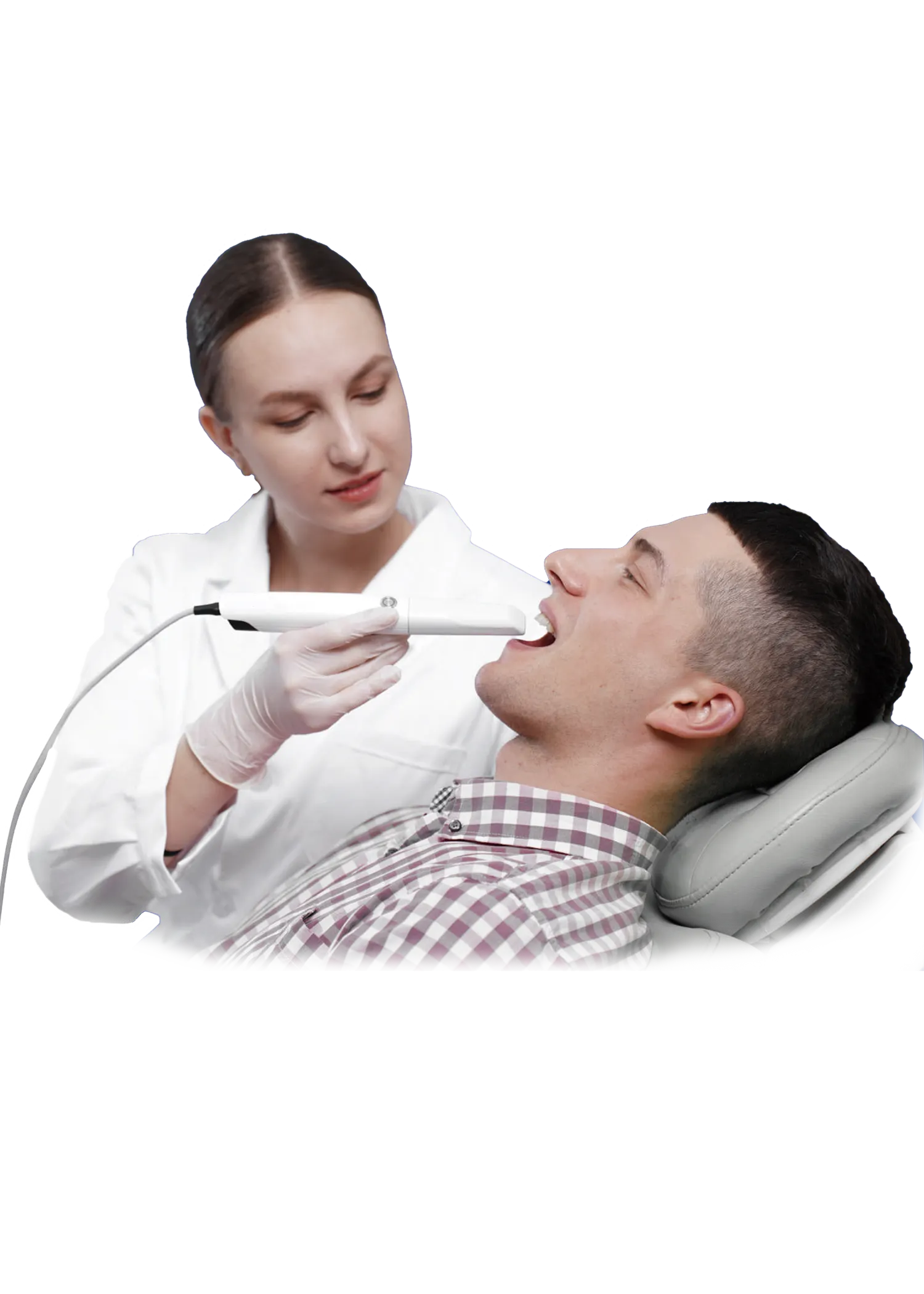 Dentist and patient performing intra oral scan