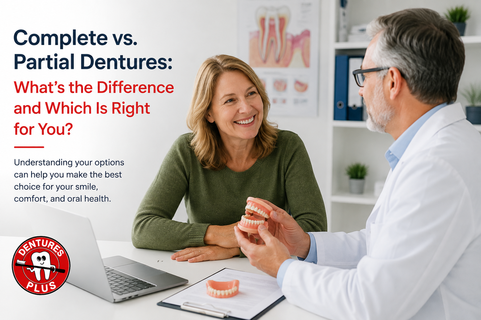 Dentist showing denture model to patient - Complete vs Partial Dentures comparison